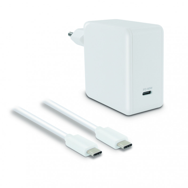 Chargeur secteur 60W + câble USB-C mâle/mâle 2,5 m - blanc