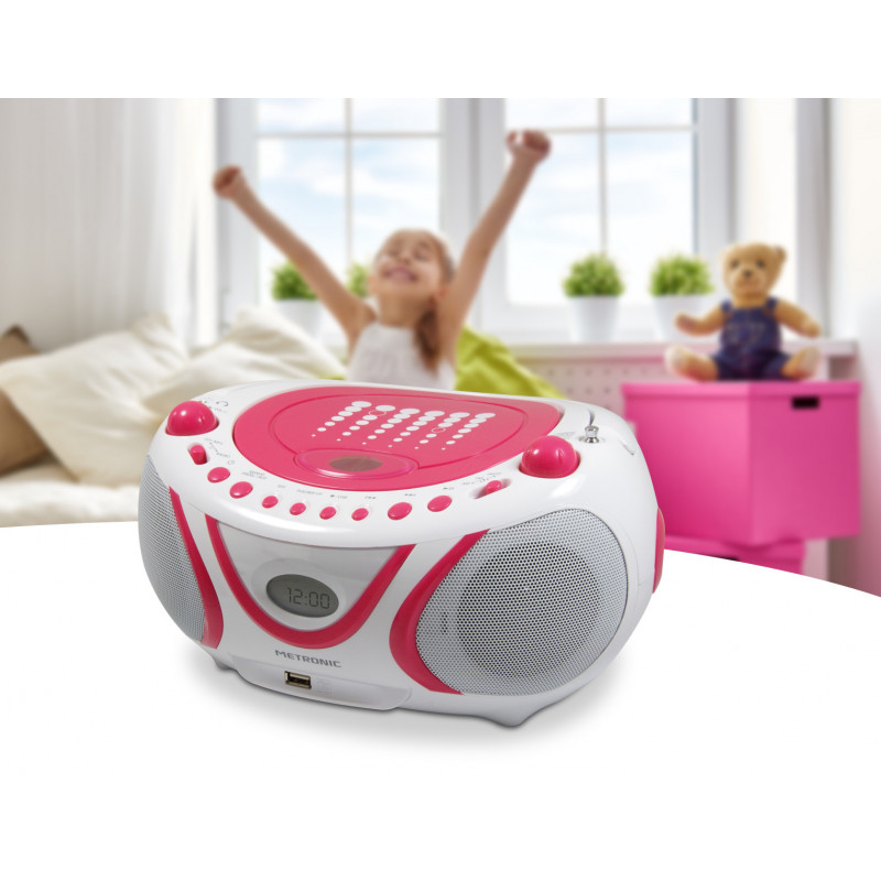 Lecteur CD Pop Pink MP3 avec port USB, FM - blanc et rose