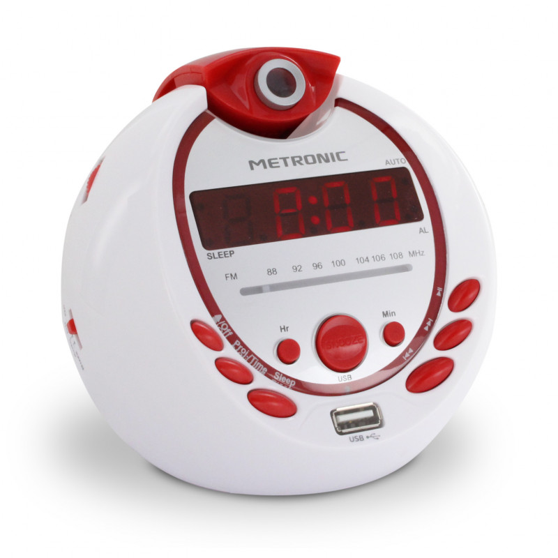 Metronic 477021 Radio-Réveil Enfant Pirate MP3 USB Projection 180° Rouge et Blanc 
