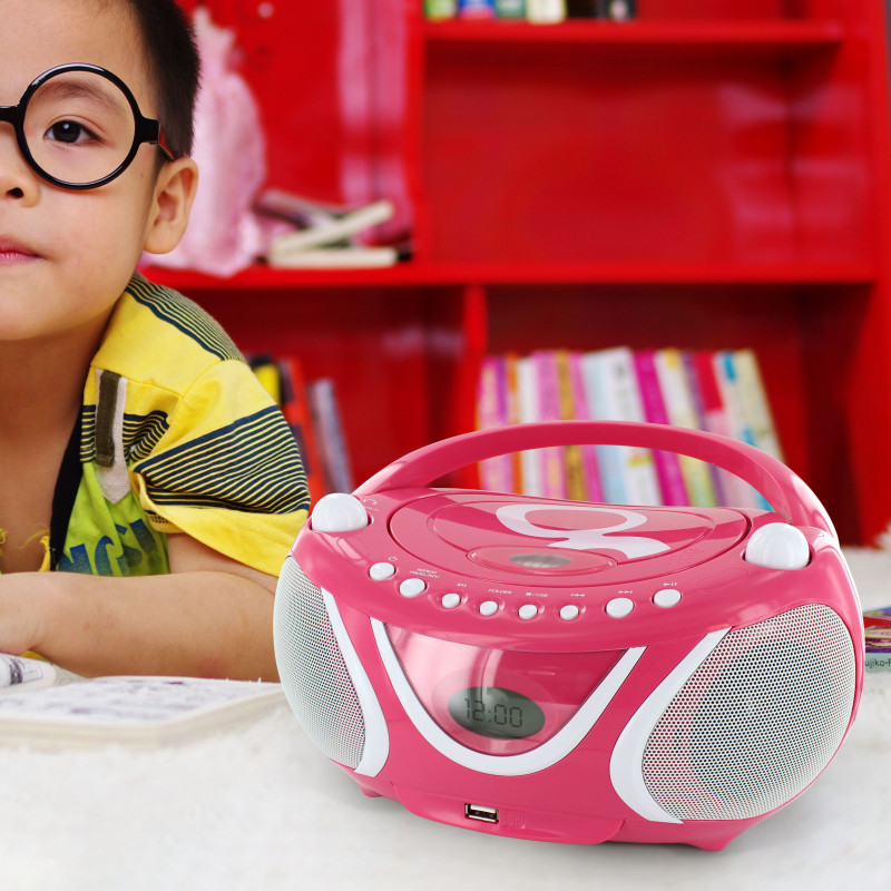 Lecteur CD MP3 enfant avec port USB - rose et blanc