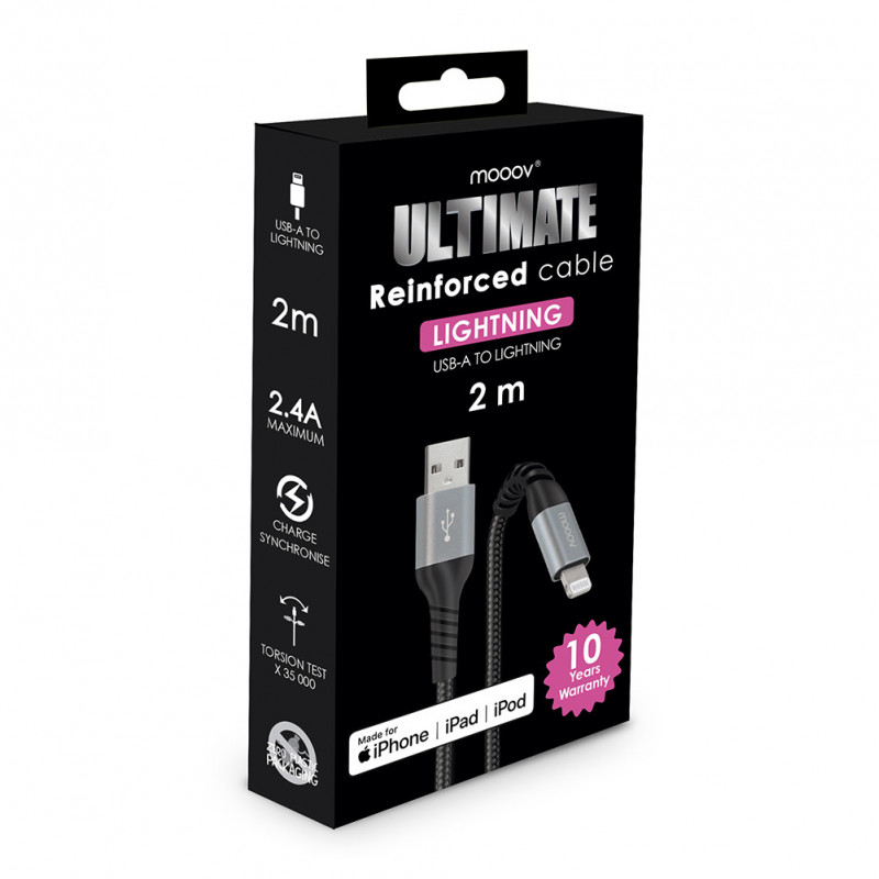 Câble MFI / USB-A renforcé Ultimate pour iPhone iPad 2 m - noir