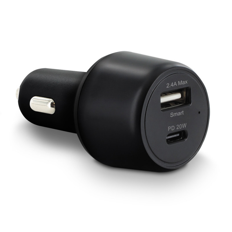 Chargeur Voiture Allume Cigare, USB C et USB, 20W - Noir - Français