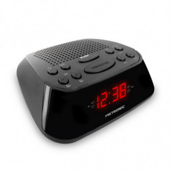Radio-Réveil FM Double Alarme, Programmable Radio ou Buzzer, Ecran Affichage Rouge, Fonction Snooze, Alimentation Secteur - Noir