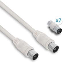 Câble TV coaxial 9,52 mm mâle/mâle+adaptateurs universels 5 m - blanc