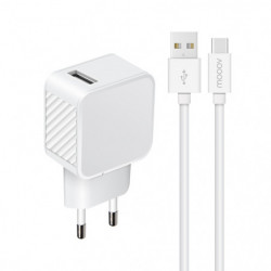 Chargeur secteur USB-A 3A IC Smart+câble USB-A/USB-C 1,2 m - blanc