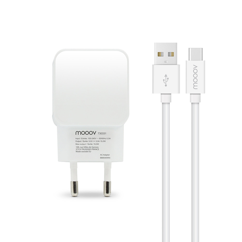 Chargeur secteur USB-A 3A IC Smart+câble USB-A/USB-C 1,2 m - blanc