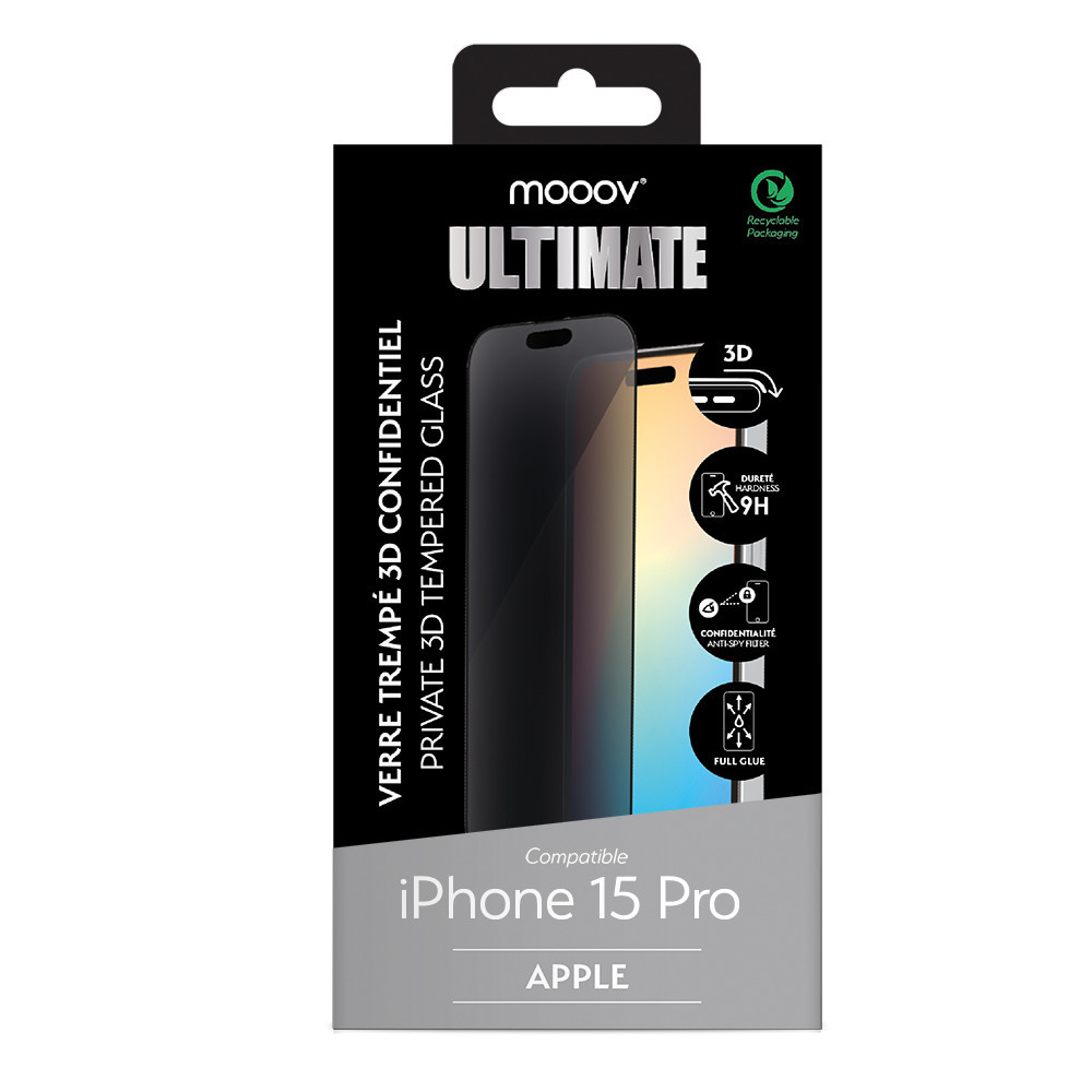 Verre trempé Ultimate 3D avec filtre de confidentialité pour iPhone 15 Pro
