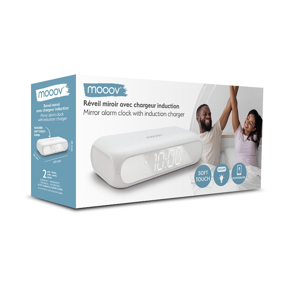 Réveil Mooov Multifonction – Chargeur Induction 15W, Liseuse LED, 14 Couleurs D’Affichage, Design Bois Élégant