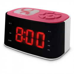 Radio-réveil FM veilleuse double alarme avec port USB - rose